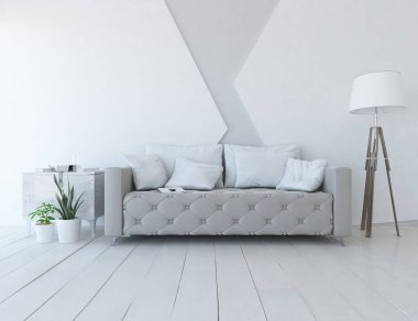 Oturma odasının içinde kanepe, ahşap zeminde güneş ışığı, büyük bir duvarda dekor. İç mekan olarak İskandinav tarzı. 3B illüstrasyon