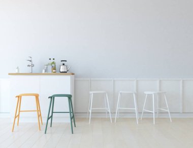 Geniş bir mutfak odası, yemek mobilyaları ve büyük duvarları var. Renkli elementlerin iç mimarisi ile kuzeye dönük. 3B illüstrasyon