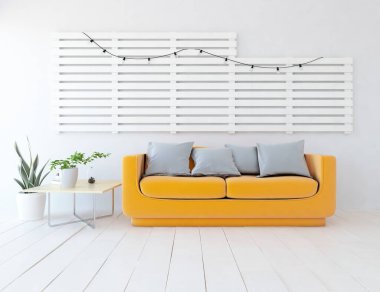 Oturma odasının içinde kanepe, ahşap zeminde güneş ışığı, büyük bir duvarda dekor. Renkli elementlerin iç mimarisi ile kuzeye dönük. 3B illüstrasyon