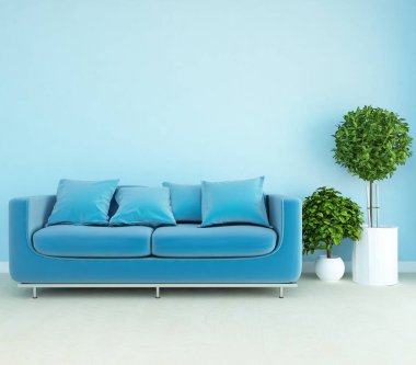 Açık mavi oturma odasının içinde kanepe, ahşap zeminde güneş ışığı, büyük bir duvarda dekor. Renkli elementlerin iç mimarisi ile kuzeye dönük. 3B illüstrasyon