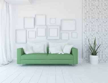 Oturma odasının içinde kanepe, ahşap zeminde güneş ışığı, büyük bir duvarda dekor. Renkli elementlerin iç mimarisi ile kuzeye dönük. 3B illüstrasyon