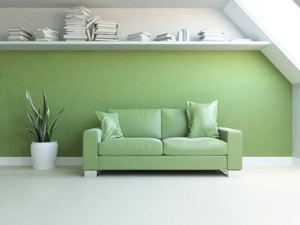 green living room interior with sofa, sunlight on a wooden floor, decor on a large wall. Home nordic with colored elements style interior . 3D illustration