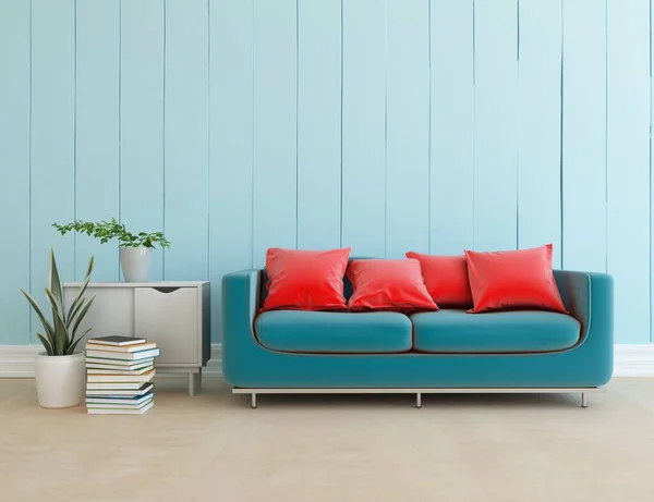 ソファ付きの明るい青色のリビングルームのインテリア 木製の床に日光 大きな壁に装飾 色の要素スタイルのインテリアとホーム北欧 3Dイラスト — ストック写真