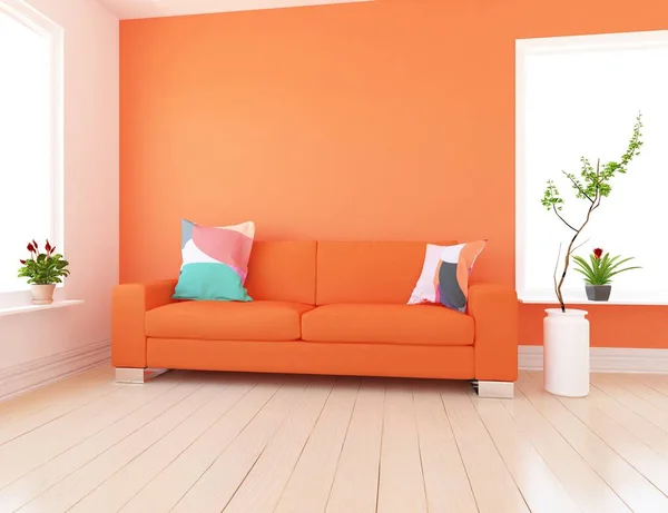 orange living room interior with sofa, sunlight on a wooden floor, decor on a large wall. Home nordic with colored elements style interior . 3D illustration