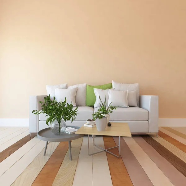 light peach living room interior with sofa, sunlight on a wooden floor, decor on a large wall. Home nordic with colored elements style interior . 3D illustration