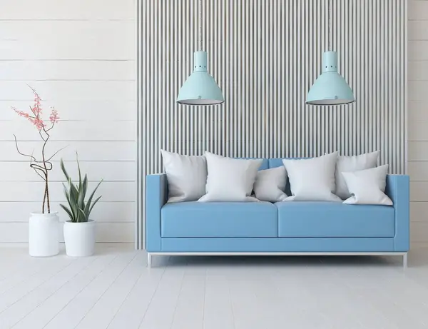 ソファ付きの明るいリビングルームのインテリア 木製の床に日光 大きな壁に装飾 色の要素スタイルのインテリアとホーム北欧 3Dイラスト — ストック写真