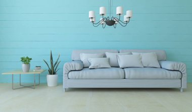 Mavi minimalist bir oturma odası ve ahşap zeminde bir kanepe. İç kısımları kuzeyli. 3B illüstrasyon