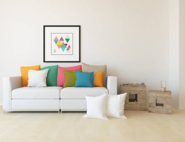 Beyaz minimalist oturma odasının içinde, ahşap zeminde kanepe var. İç kısımları kuzeyli. 3B illüstrasyon