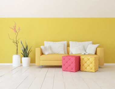 Sarı minimalist oturma odasının içinde ahşap bir zeminde kanepe var. İç kısımları kuzeyli. 3B illüstrasyon