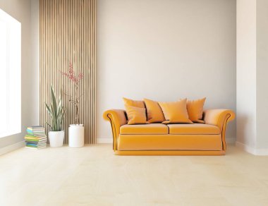 Beyaz minimalist oturma odasının içinde, ahşap zeminde kanepe var. İç kısımları kuzeyli. 3B illüstrasyon