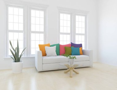 Beyaz minimalist oturma odasının içinde, ahşap zeminde kanepe var. İç kısımları kuzeyli. 3B illüstrasyon