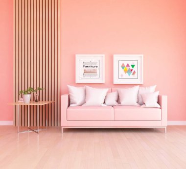 Pembe minimalist oturma odasının içinde ahşap bir zeminde kanepe var. İç kısımları kuzeyli. 3B illüstrasyon