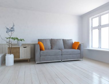 Beyaz minimalist oturma odasının içinde, ahşap zeminde kanepe var. İç kısımları kuzeyli. 3B illüstrasyon