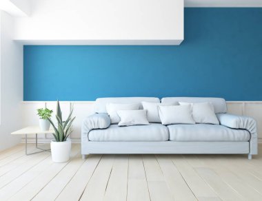 Mavi minimalist bir oturma odası ve ahşap zeminde bir kanepe. İç kısımları kuzeyli. 3B illüstrasyon