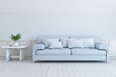 Beyaz minimalist oturma odasının içinde, ahşap zeminde kanepe var. İç kısımları kuzeyli. 3B illüstrasyon