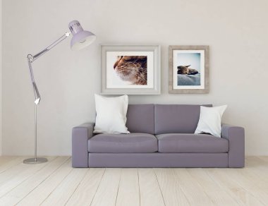 Beyaz minimalist oturma odasının içinde, ahşap zeminde kanepe var. İç kısımları kuzeyli. 3B illüstrasyon