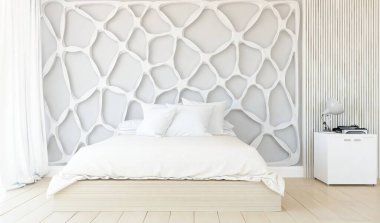 Beyaz minimalist yatak odası. Ahşap zeminde çift kişilik yatak. İç kısımları kuzeyli. 3B illüstrasyon