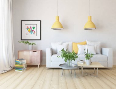 Beyaz minimalist oturma odasının içinde, ahşap zeminde kanepe var. İç kısımları kuzeyli. 3B illüstrasyon