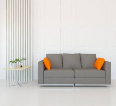 Beyaz minimalist oturma odasının içinde, ahşap zeminde kanepe var. İç kısımları kuzeyli. 3B illüstrasyon