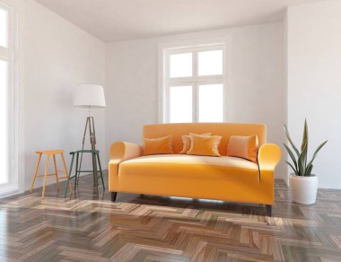 Minimalist bir oda ve kanepe. İç kısımları kuzeyli. 3B illüstrasyon