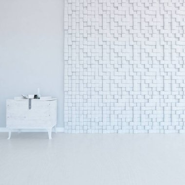 Minimalist oturma odasının içinde ahşap zemin var. İç kısımları kuzeyli. 3B illüstrasyon