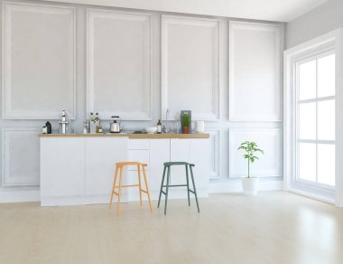Beyaz minimalist mutfak odası. Ahşap zeminde yemek mobilyası var. İç kısımları kuzeyli. 3B illüstrasyon