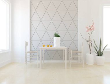 Beyaz minimalist mutfak odası. Ahşap zeminde yemek mobilyası var. İç kısımları kuzeyli. 3B illüstrasyon