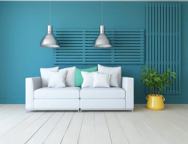 Mavi minimalist bir oturma odası ve ahşap zeminde bir kanepe. İç kısımları kuzeyli. 3B illüstrasyon