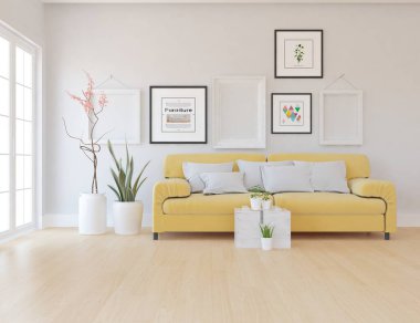 Minimalist bir oda ve kanepe. İç kısımları kuzeyli. 3B illüstrasyon