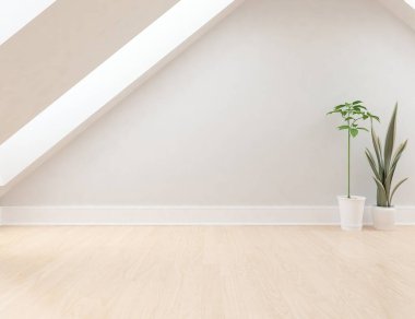 Minimalist oturma odasının içinde ahşap zemin var. İç kısımları kuzeyli. 3B illüstrasyon