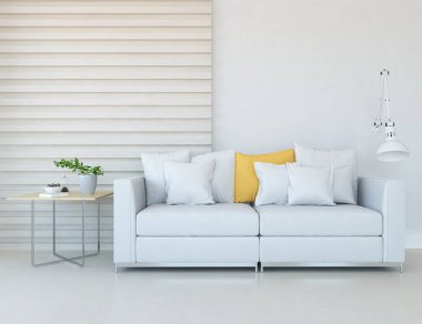 Beyaz minimalist oturma odasının içinde, ahşap zeminde kanepe var. İç kısımları kuzeyli. 3B illüstrasyon