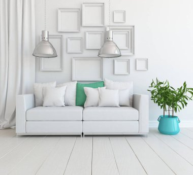 Beyaz minimalist oturma odasının içinde, ahşap zeminde kanepe var. İç kısımları kuzeyli. 3B illüstrasyon