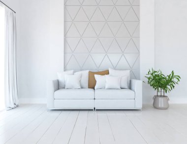 Beyaz minimalist oturma odasının içinde, ahşap zeminde kanepe var. İç kısımları kuzeyli. 3B illüstrasyon