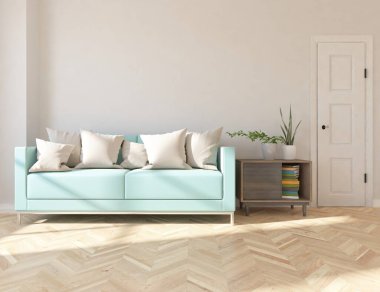 Minimalist bir oturma odası ve ahşap zeminde bir kanepe. İç kısımları kuzeyli. 3B illüstrasyon