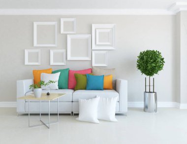 Beyaz minimalist oturma odasının içinde, ahşap zeminde kanepe var. İç kısımları kuzeyli. 3B illüstrasyon