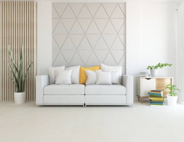 Beyaz minimalist oturma odasının içinde, ahşap zeminde kanepe var. İç kısımları kuzeyli. 3B illüstrasyon