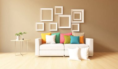 Sarı minimalist oturma odasının içinde ahşap bir zeminde kanepe var. İç kısımları kuzeyli. 3B illüstrasyon