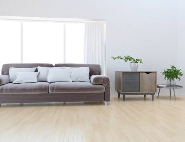 Beyaz minimalist oturma odasının içinde, ahşap zeminde kanepe var. İç kısımları kuzeyli. 3B illüstrasyon