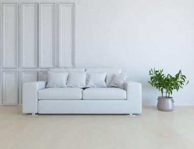 Beyaz minimalist oturma odasının içinde, ahşap zeminde kanepe var. İç kısımları kuzeyli. 3B illüstrasyon