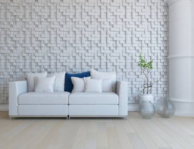 Beyaz minimalist oturma odasının içinde, ahşap zeminde kanepe var. İç kısımları kuzeyli. 3B illüstrasyon