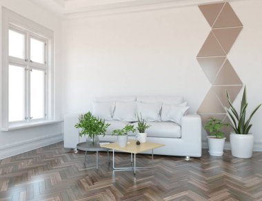 Beyaz minimalist oturma odasının içinde, ahşap zeminde kanepe var. İç kısımları kuzeyli. 3B illüstrasyon