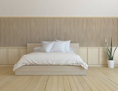 Beyaz minimalist yatak odası. Ahşap zeminde çift kişilik yatak. İç kısımları kuzeyli. 3B illüstrasyon
