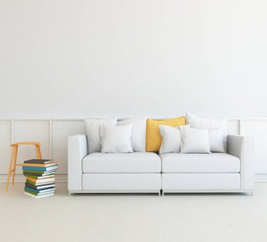 Beyaz minimalist oturma odasının içinde, ahşap zeminde kanepe var. İç kısımları kuzeyli. 3B illüstrasyon