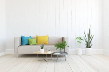 Beyaz minimalist oturma odasının içinde, ahşap zeminde kanepe var. İç kısımları kuzeyli. 3B illüstrasyon