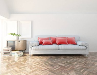 Beyaz minimalist oturma odasının içinde, ahşap zeminde kanepe var. İç kısımları kuzeyli. 3B illüstrasyon