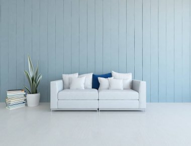 Minimalist bir oturma odası ve ahşap zeminde bir kanepe. İç kısımları kuzeyli. 3B illüstrasyon