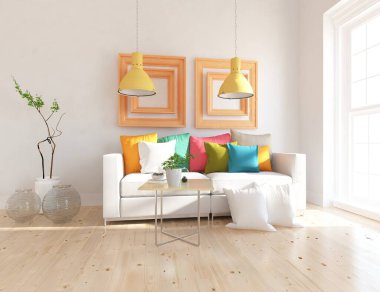 Minimalist bir oda ve kanepe. İç kısımları kuzeyli. 3B illüstrasyon