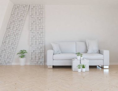 Beyaz minimalist oturma odasının içinde, ahşap zeminde kanepe var. İç kısımları kuzeyli. 3B illüstrasyon