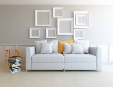 Beyaz minimalist oturma odasının içinde, ahşap zeminde kanepe var. İç kısımları kuzeyli. 3B illüstrasyon