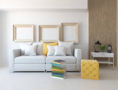 Beyaz minimalist oturma odasının içinde, ahşap zeminde kanepe var. İç kısımları kuzeyli. 3B illüstrasyon